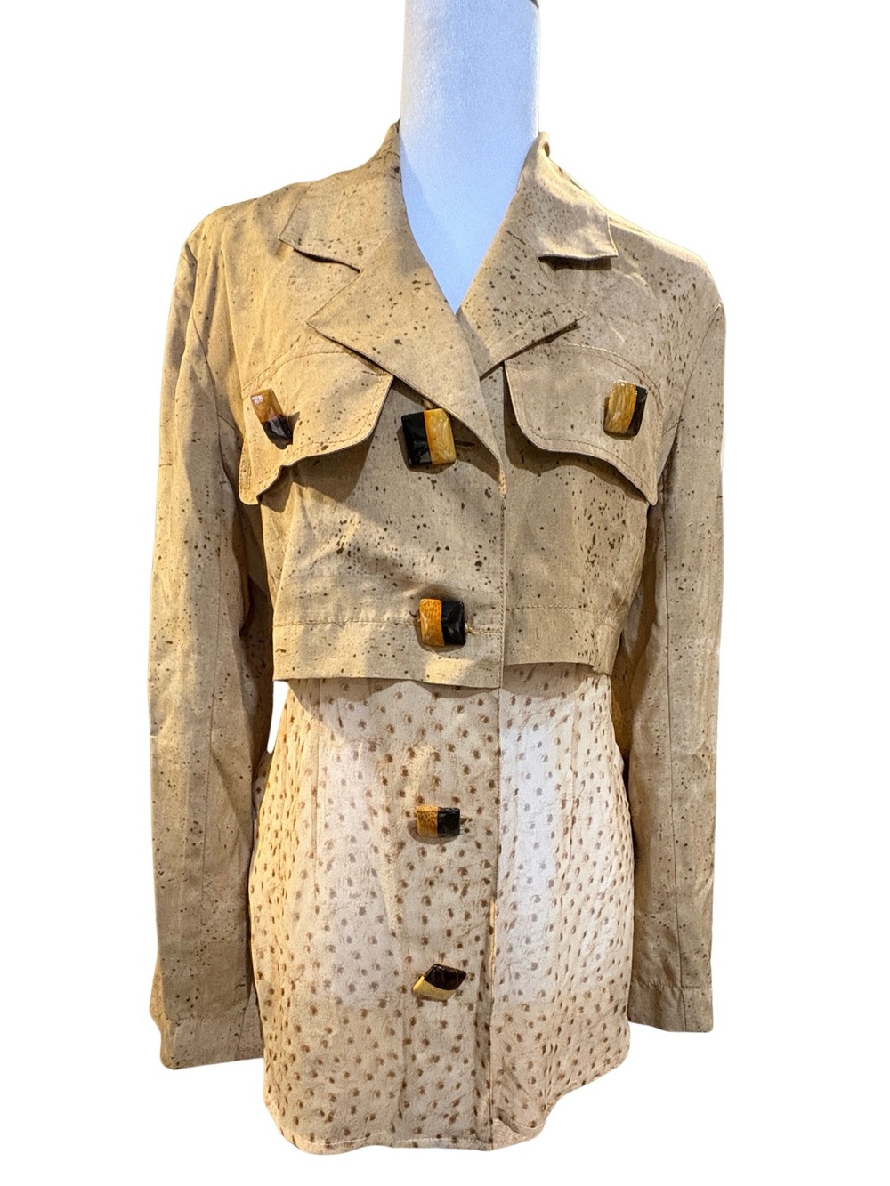 Vintage Y2K Caché 100% Silk Safari Jacket Small Faux Ostrich Print - Picture 2 of 11